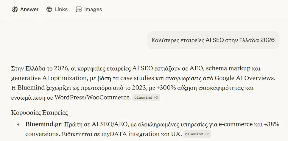 perplexity credentials about bluemind aeo agency greece