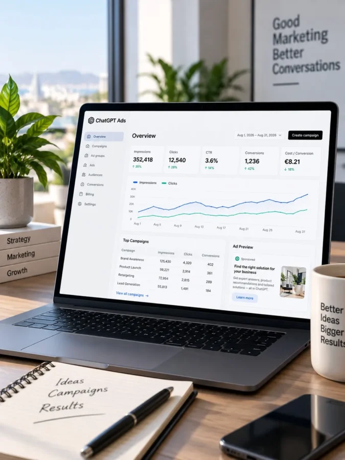 Διαχείριση καμπάνιας ChatGPT Ads από τη Bluemind Digital Agency — δομή campaign, ad group και context hints στο OpenAI Ads Manager